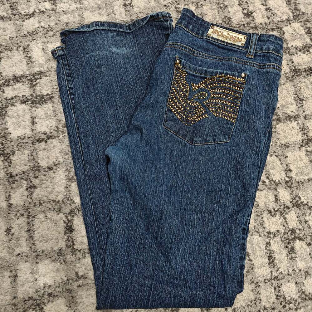 Vintage Y2K Rocawear Embellished Studded Pocket Flare Jeans Womens 16 34x32